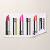 口紅美しい白クロムレッドストライプのピンク バスタオルセット (ハンドタオル)