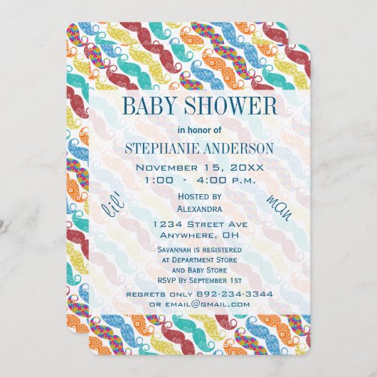 口髭リル氏リルの男性レトロ赤ちゃんシャワー 招待状 (正面/裏面)