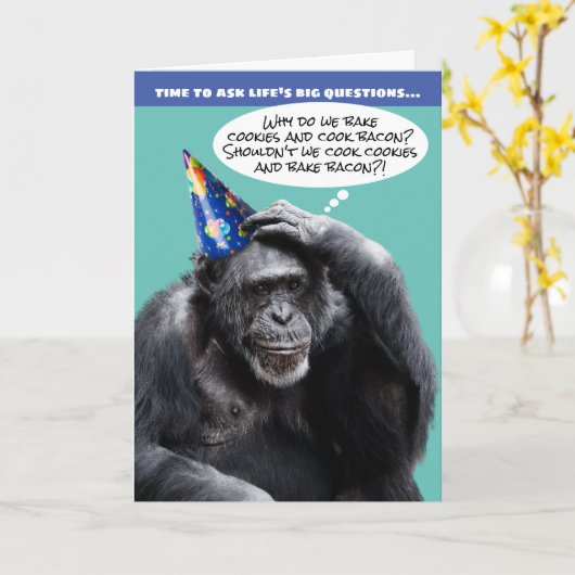 古いおもしろいチンパンジー・ライフの大きな質問誕生日 カード (黄色い花)