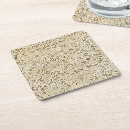 古いかぎ針編みのレースの花柄パターン + あなたのアイディア スクエアペーパーコースター (アングル)