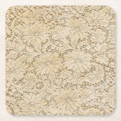 古いかぎ針編みのレースの花柄パターン + あなたのアイディア スクエアペーパーコースター (正面)