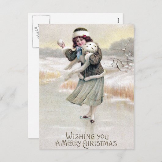 古いアイスファッションドスケーターのヴィンテージクリスマス シーズンポストカード (正面/裏面)