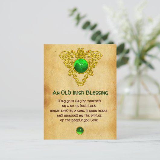 古いアイリッシュ賛美の幸運の羊皮紙、ケルト結び目模様 ポストカード (スタンド正面)