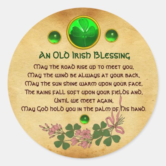 古いアイリッシュ賛美の羊皮紙、花と宝石 ラウンドシール (正面)