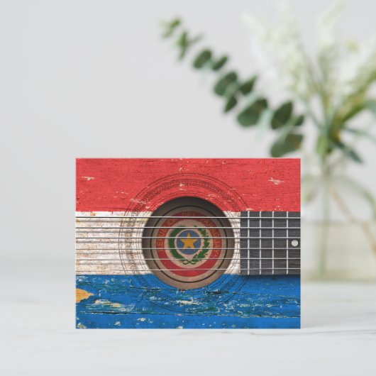 古いアコースティックギターに関するパラグアイ国旗 ポストカード (スタンド正面)