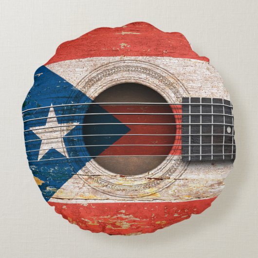 古いアコースティックギターのプエルトリコの旗 ラウンドクッション (裏面)