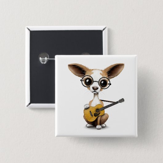 古いアコースティックギターを演奏しているチワワの小犬 缶バッジ (正面&裏面)