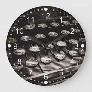 古いアンティークタイプライタ鍵白黒 ラージ壁時計