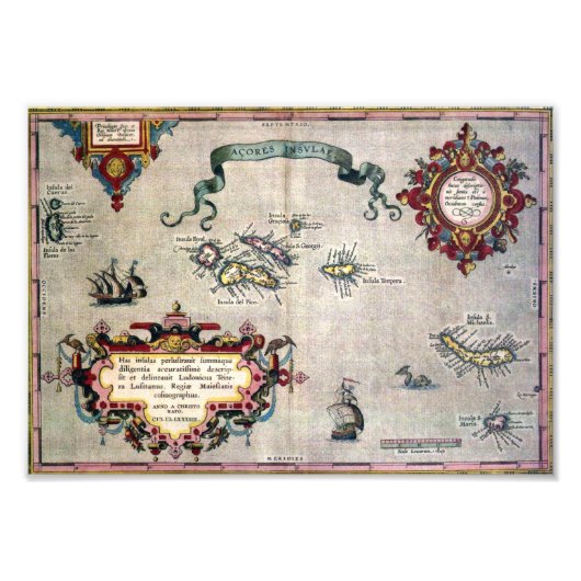 古いアンティーク1584レプリカからのアゾレス諸島の地図 フォトプリント            (正面)