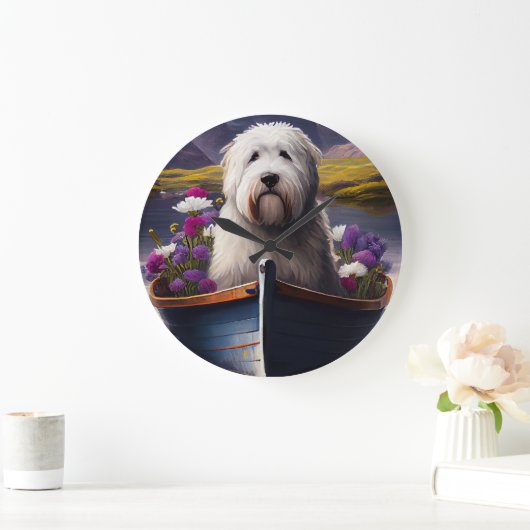 古いイギリスのシェプドッグのパドル:風光明媚な冒険 ラージ壁時計 (ホーム)
