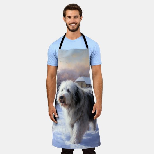 古いイギリスの牧羊犬が雪のクリスマスを過ごした エプロン (着用した状態)