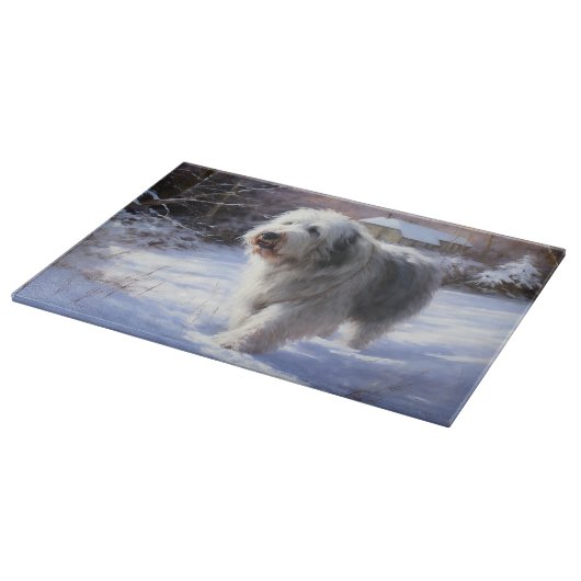 古いイギリスの牧羊犬が雪のクリスマスを過ごした カッティングボード (角)