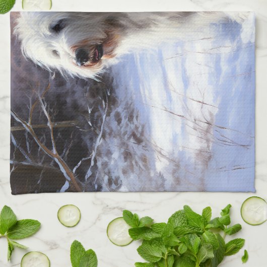 古いイギリスの牧羊犬が雪のクリスマスを過ごした キッチンタオル (折り畳み)