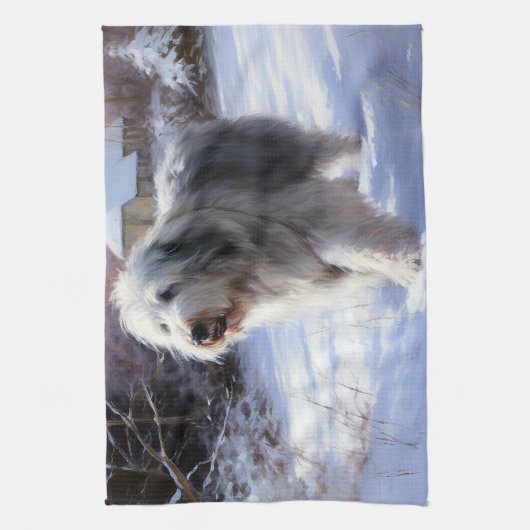 古いイギリスの牧羊犬が雪のクリスマスを過ごした キッチンタオル (縦)