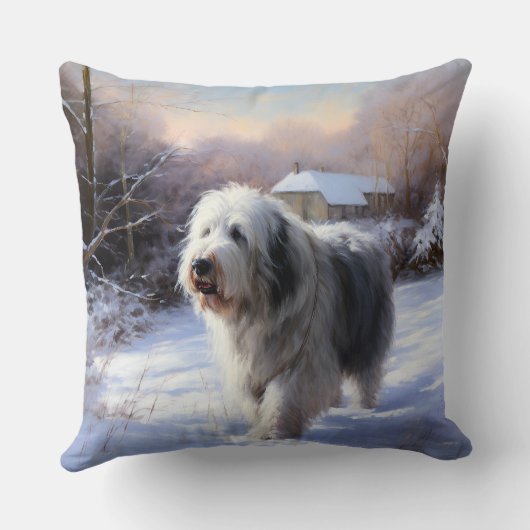 古いイギリスの牧羊犬が雪のクリスマスを過ごした クッション (裏面)