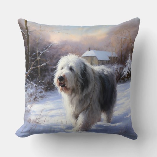 古いイギリスの牧羊犬が雪のクリスマスを過ごした クッション (正面)