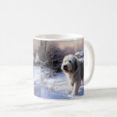 古いイギリスの牧羊犬が雪のクリスマスを過ごした コーヒーマグカップ (正面右)