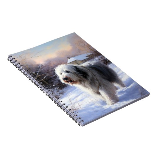 古いイギリスの牧羊犬が雪のクリスマスを過ごした ノートブック (右側)