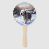 古いイギリスの牧羊犬が雪のクリスマスを過ごした ハンドファン (裏面)