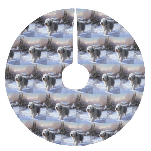 古いイギリスの牧羊犬が雪のクリスマスを過ごした ブラッシュドポリエステルツリースカート (正面)