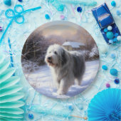 古いイギリスの牧羊犬が雪のクリスマスを過ごした ペーパープレート (パーティー)