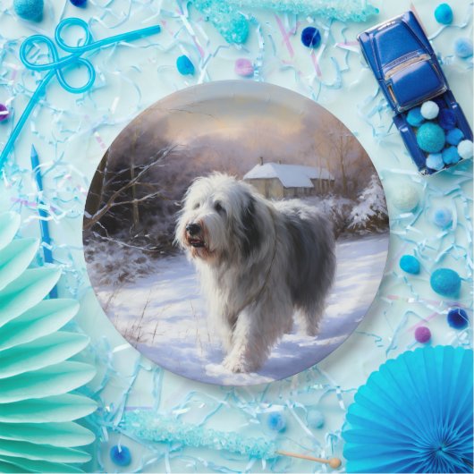 古いイギリスの牧羊犬が雪のクリスマスを過ごした ペーパープレート (パーティー)