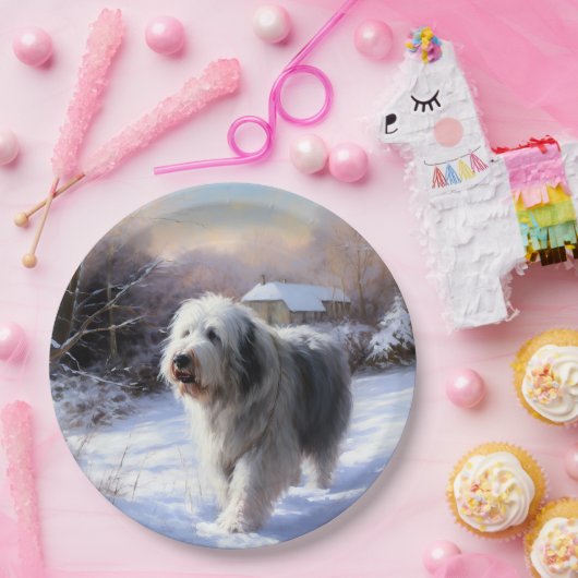 古いイギリスの牧羊犬が雪のクリスマスを過ごした ペーパープレート (パーティー)