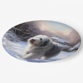 古いイギリスの牧羊犬が雪のクリスマスを過ごした ペーパープレート (アングル)