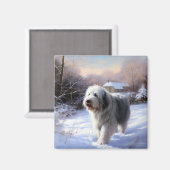 古いイギリスの牧羊犬が雪のクリスマスを過ごした マグネット (正面/裏面)