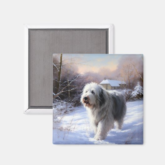 古いイギリスの牧羊犬が雪のクリスマスを過ごした マグネット (正面/裏面)