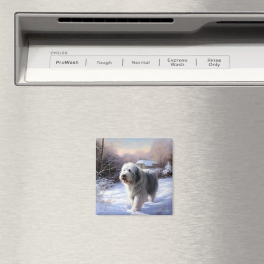 古いイギリスの牧羊犬が雪のクリスマスを過ごした マグネット (インサイチュ (食洗機))