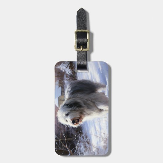 古いイギリスの牧羊犬が雪のクリスマスを過ごした ラゲッジタグ (正面縦)