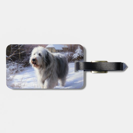 古いイギリスの牧羊犬が雪のクリスマスを過ごした ラゲッジタグ (裏面横)