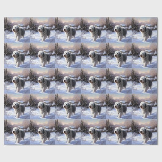 古いイギリスの牧羊犬が雪のクリスマスを過ごした ラッピングペーパー (フラット)