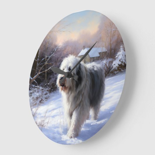 古いイギリスの牧羊犬が雪のクリスマスを過ごした ラージ壁時計 (傾斜)
