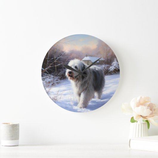 古いイギリスの牧羊犬が雪のクリスマスを過ごした ラージ壁時計 (ホーム)