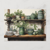 古いウッドキッチンシェルフグリーンホワイトディッシュ ポストカード (正面)