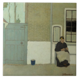 古いオランダの女性が彼女の家の前に（ヤンマンクス） タイル