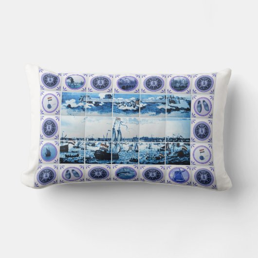 古いオランダデルフト青いDelftwareのスタイルのタイルの壁画 ランバークッション (正面)
