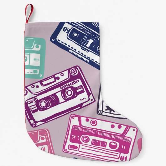 古いオーディオを使ったヴィンテージハンドのシームレスなパターン スモールクリスマスストッキング (正面)