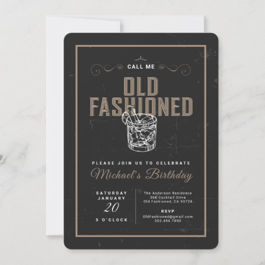 古いカクテルの誕生日ファッションドパーティーに電話 招待状 (正面)