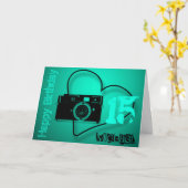 古いカメラ15番目の誕生日カパーソナライズされたード カード (黄色い花)