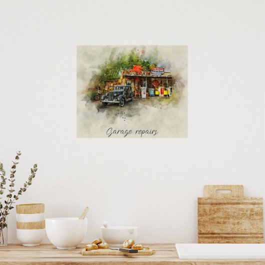 古いガレージポスターの外のビンテージ車 ポスター (キッチン)