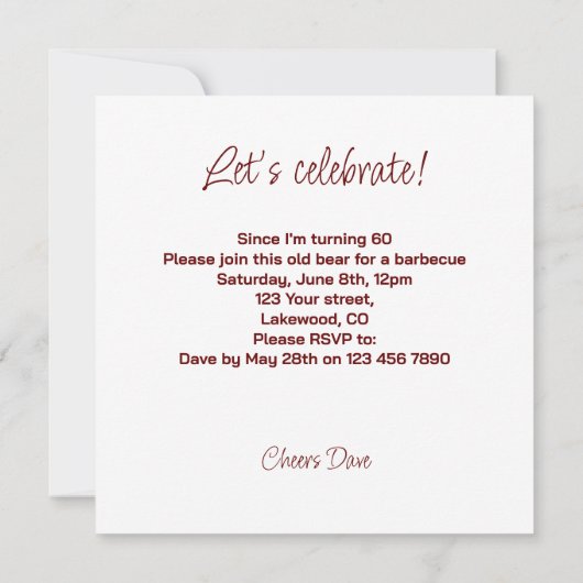 古いクマの誕生日の招待状、遅れにはクマ 招待状 (裏面)