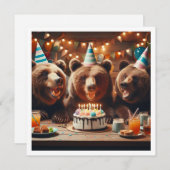 古いクマの誕生日招待状、グリズリーベアのパーティー 招待状 (正面/裏面)