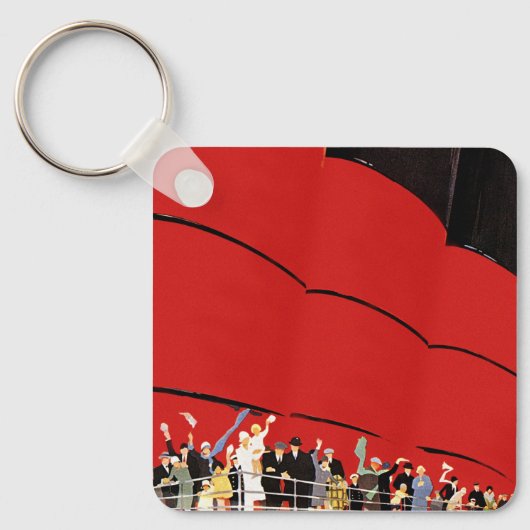 古いクルーズ客船の乗客が別れの挨拋をしている様子 キーホルダー (正面)