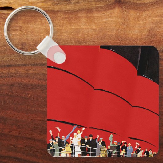 古いクルーズ客船の乗客が別れの挨拋をしている様子 キーホルダー (正面)