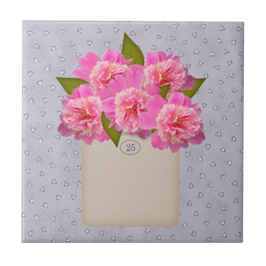 古いクロックタイルのピンク色の牡丹 タイル (正面)