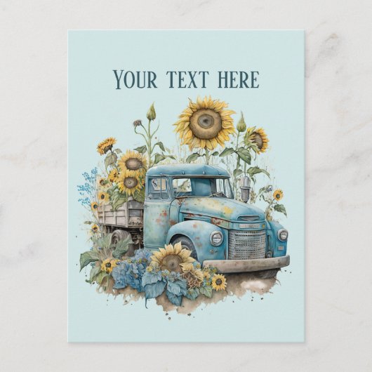 古いクール農家トラックひまわりの花を追加文字 ポストカード (正面)