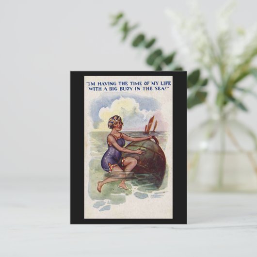 古いコミックポストカード - 大きな浮き輪で楽しむ ポストカード (スタンド正面)